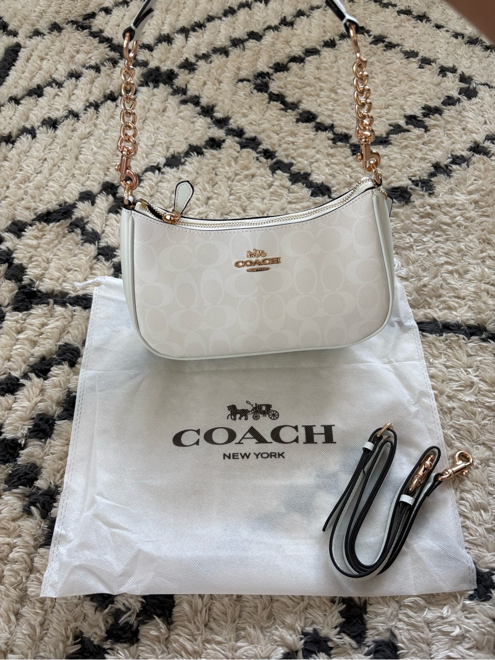 Coach White Signature Mini Shoulder Bag with Gold Chain Strap